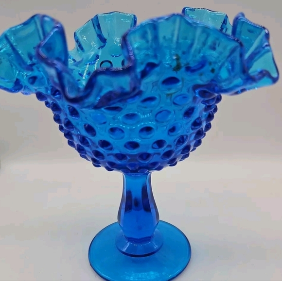 FENTON Ruffled Hobnail Footed Blue Glass Dish. Original Sticker. 6"H X 5"D - Picture 7 of 11
